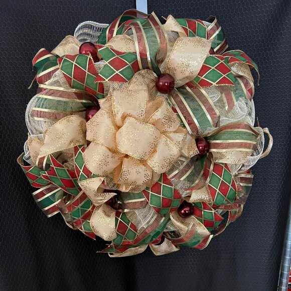 Burgandy Striped Ribbon with a Gold Bow Deco Mesh Wreath - Picture 1 of 1